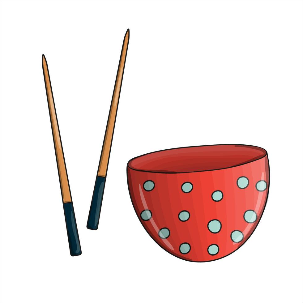 Vector red polka dot mixing bowl and chopsticks. Kitchen tool icon isolated on white background. Cartoon style cooking equipment. Crockery vector illustration