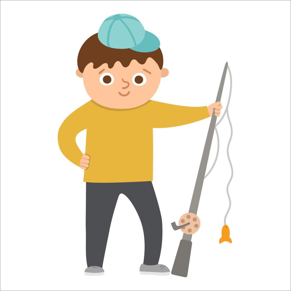 Cute boy standing with rod. Happy kid ready for fishing. Vector summer camp illustration. Camping character. Woodland travel tourist icon. Great for banners and cards