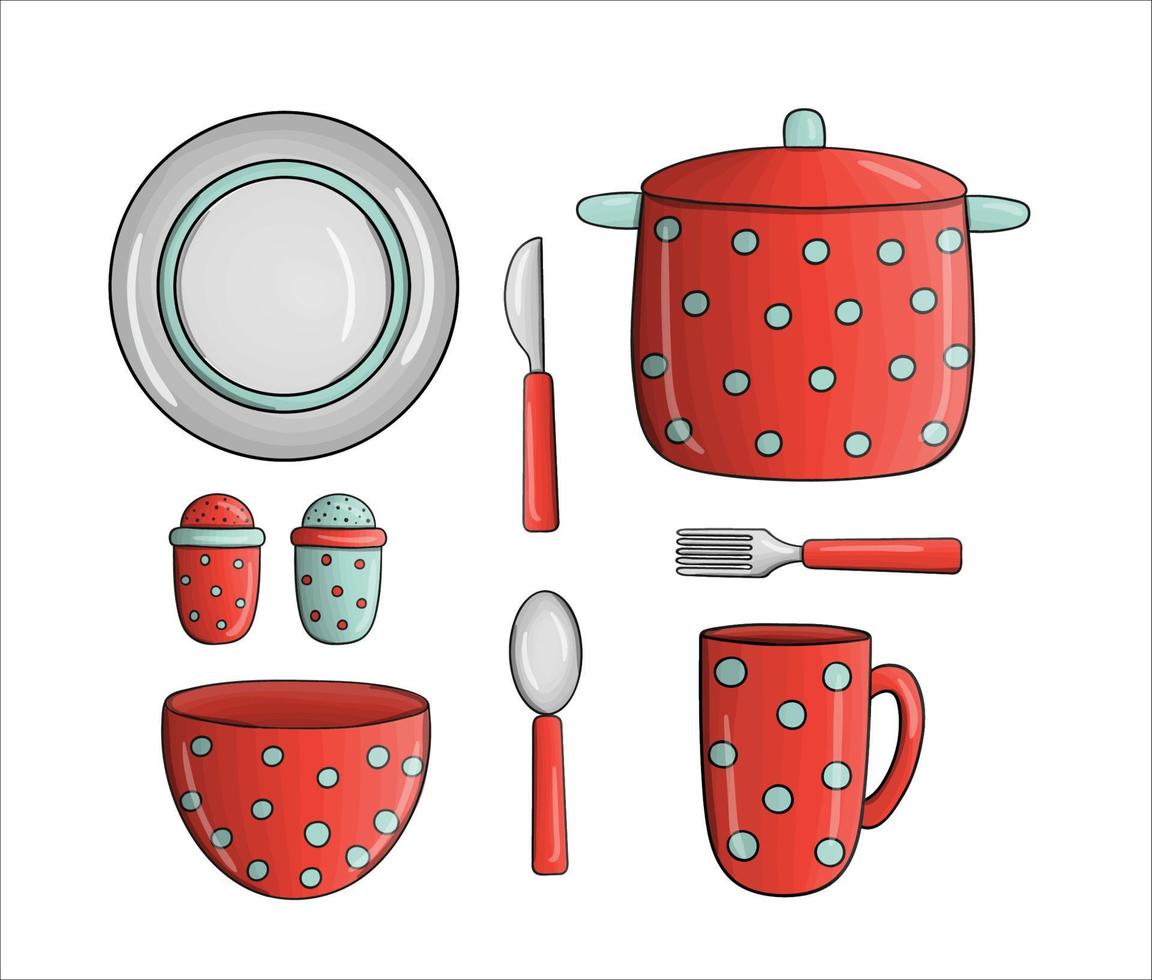 Vector red polka dot pot, bowl, mug, dinner ware. Kitchen tool icons isolated on white background. Cartoon style cooking equipment. Crockery vector illustration set