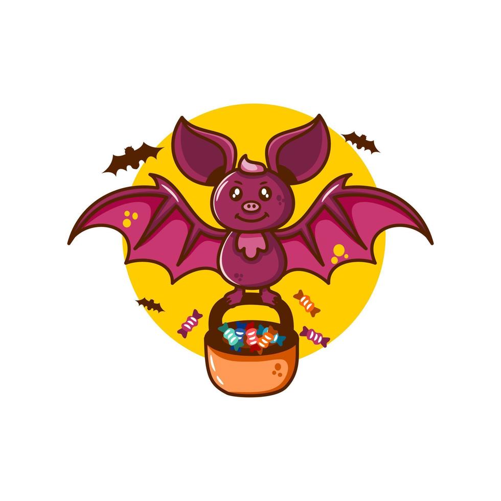 flying bat illustration carrying a candy basket hand draw style vector