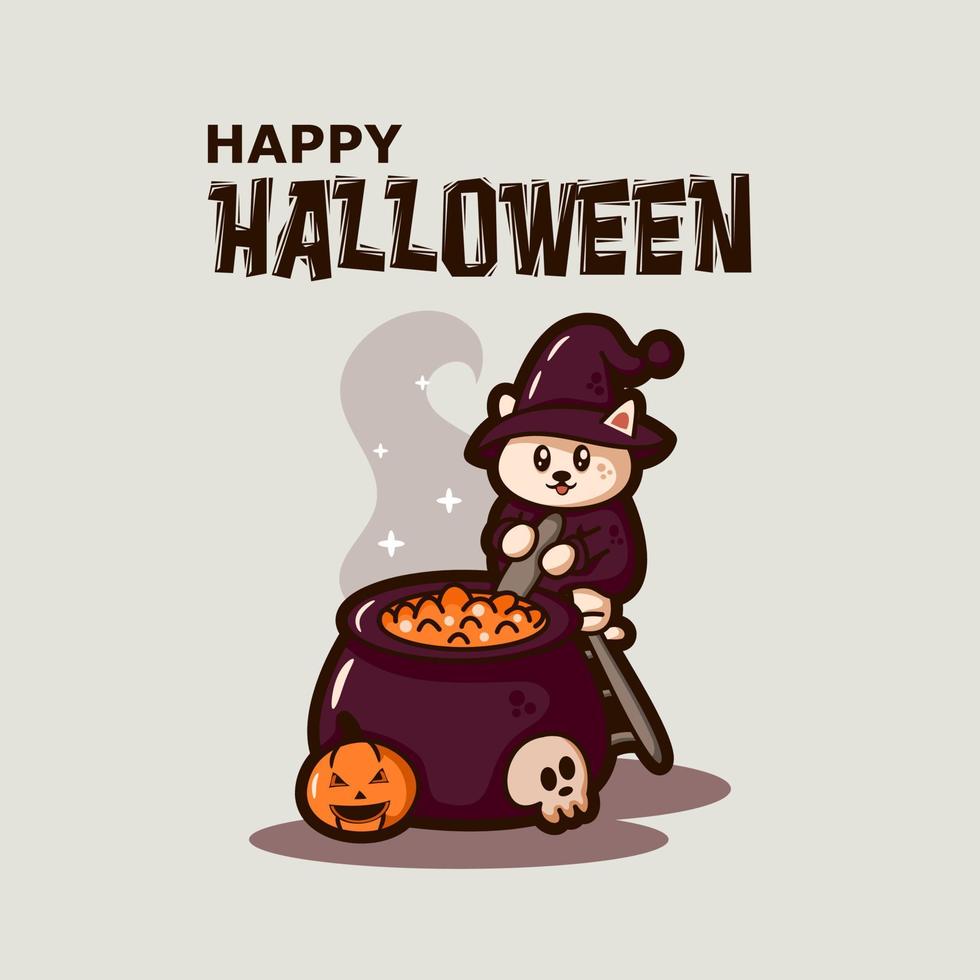 feliz saludo de halloween con linda ilustración de gato haciendo poción vector