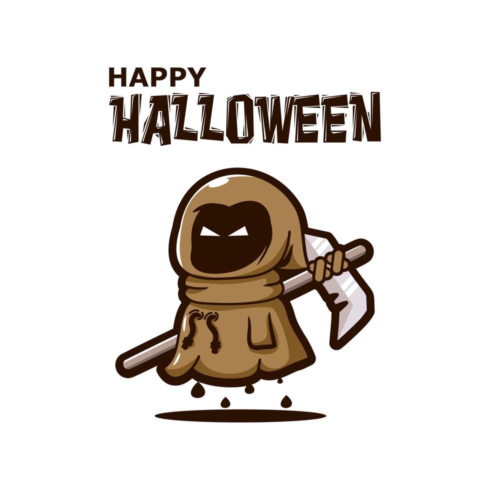 happy halloween greetings with grim reaper carrying scythe illustration vector