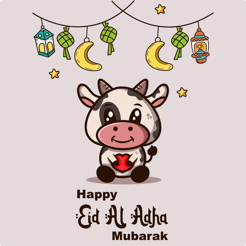 Happy Eid al-Adha funny greetings with lanterns, and cows holding love vector
