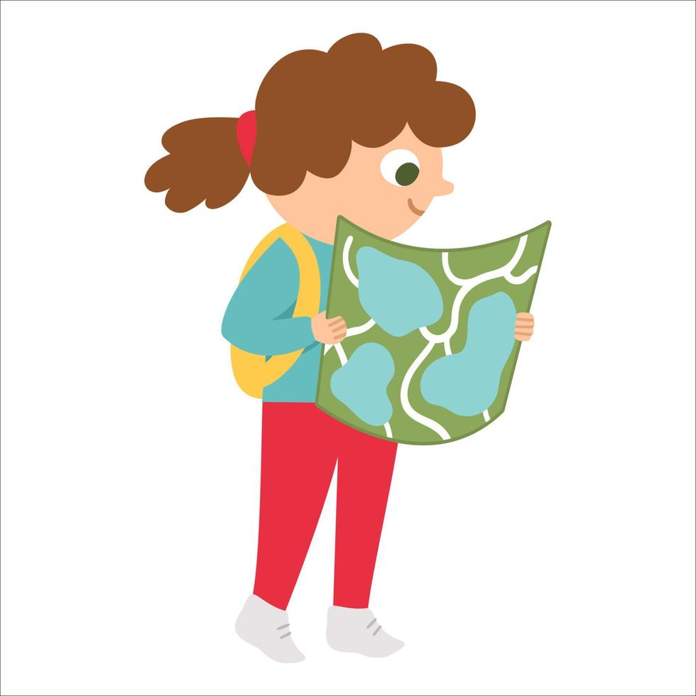 Cute girl walking with backpack and map. Kid doing summer activity. Vector summer camp illustration. Camping character. Woodland travel tourist icon.
