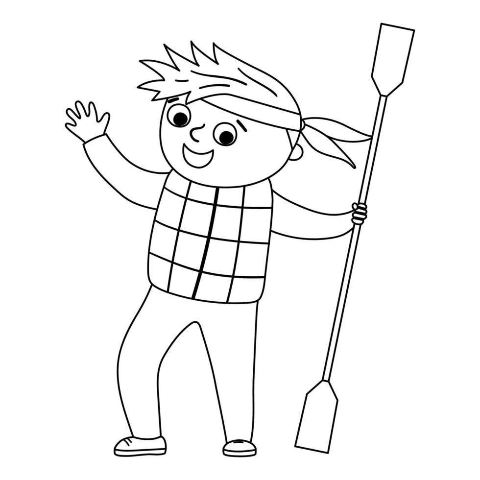 Cute black and white boy standing with paddle and hands up. Happy kid ready for rafting or kayaking. Vector summer camp outline illustration. Camping character. Woodland travel tourist line icon.