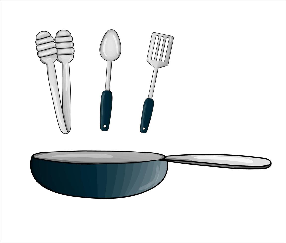 sartén vectorial, pinzas, espátula, cuchara. icono de herramienta de cocina aislado sobre fondo blanco. equipo de cocina de estilo de dibujos animados para freír. Ilustración de vector de vajilla