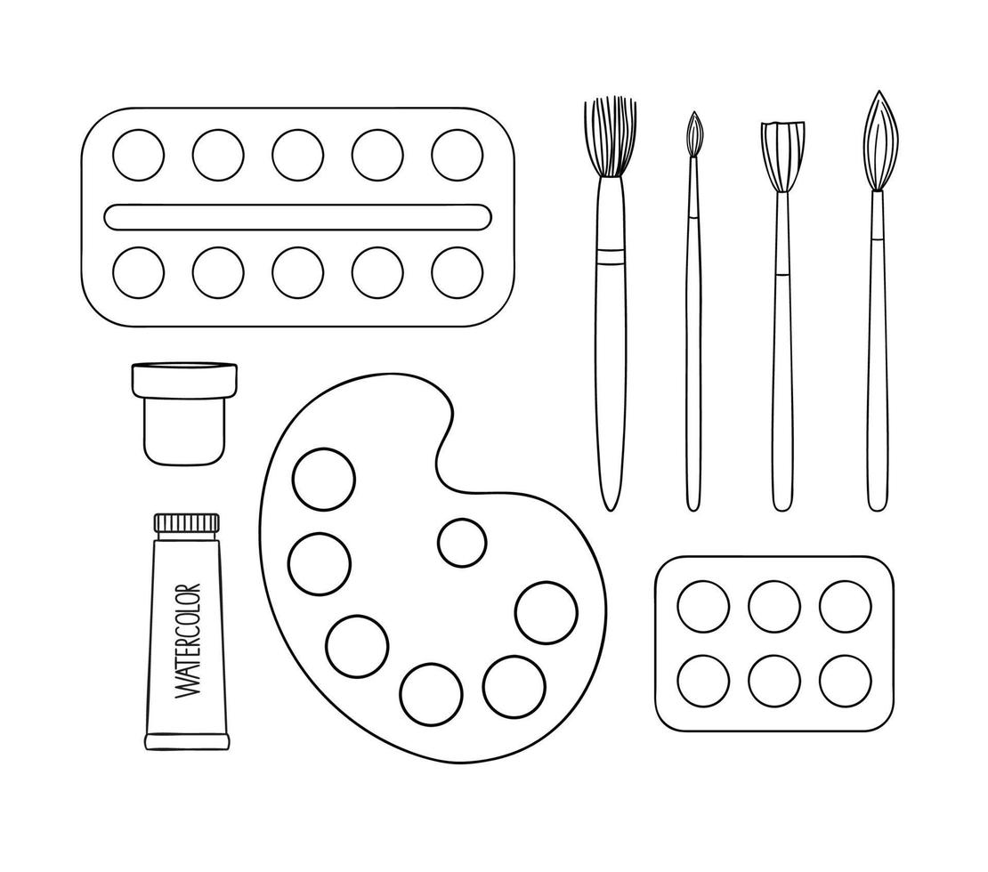 Set of paint and brush line icons. Vector black and white stationery, drawing materials, office or school supplies isolated on white background. Cartoon style