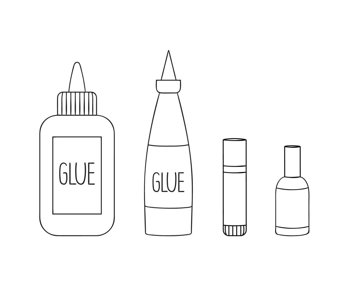 Set of glue line icons. Vector colored stationery, writing materials, office or school supplies isolated on white background. Cartoon style