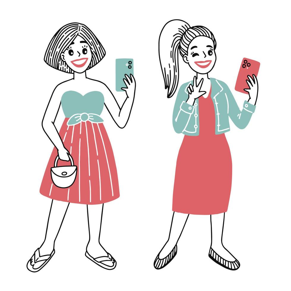 Doodle cute girl with phone in hand vector illustration