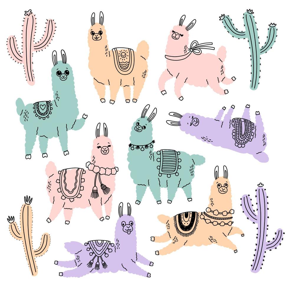 Lama and cactus color doodle vector illustration