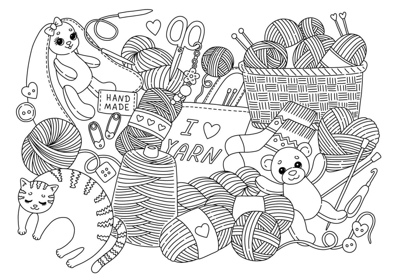 Yarn and knitting doodle coloring page vector illustration
