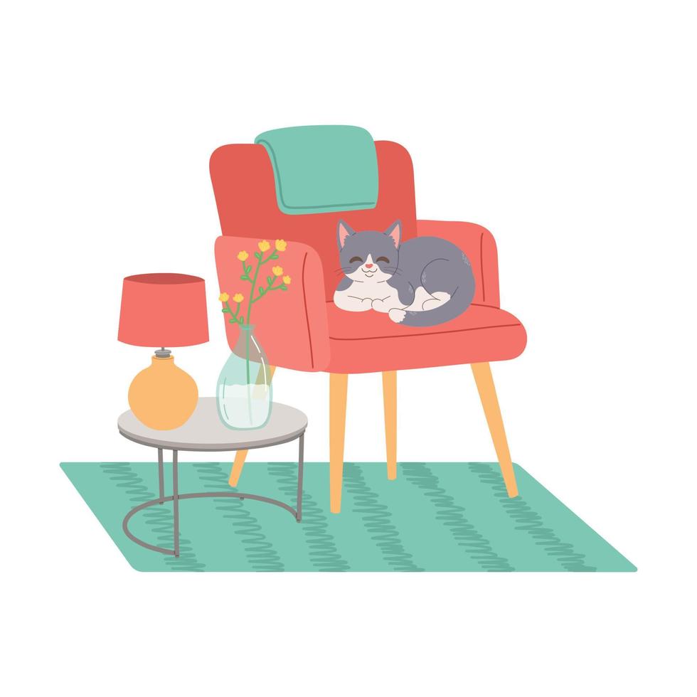 Cat on modern chair flat design vector illustration