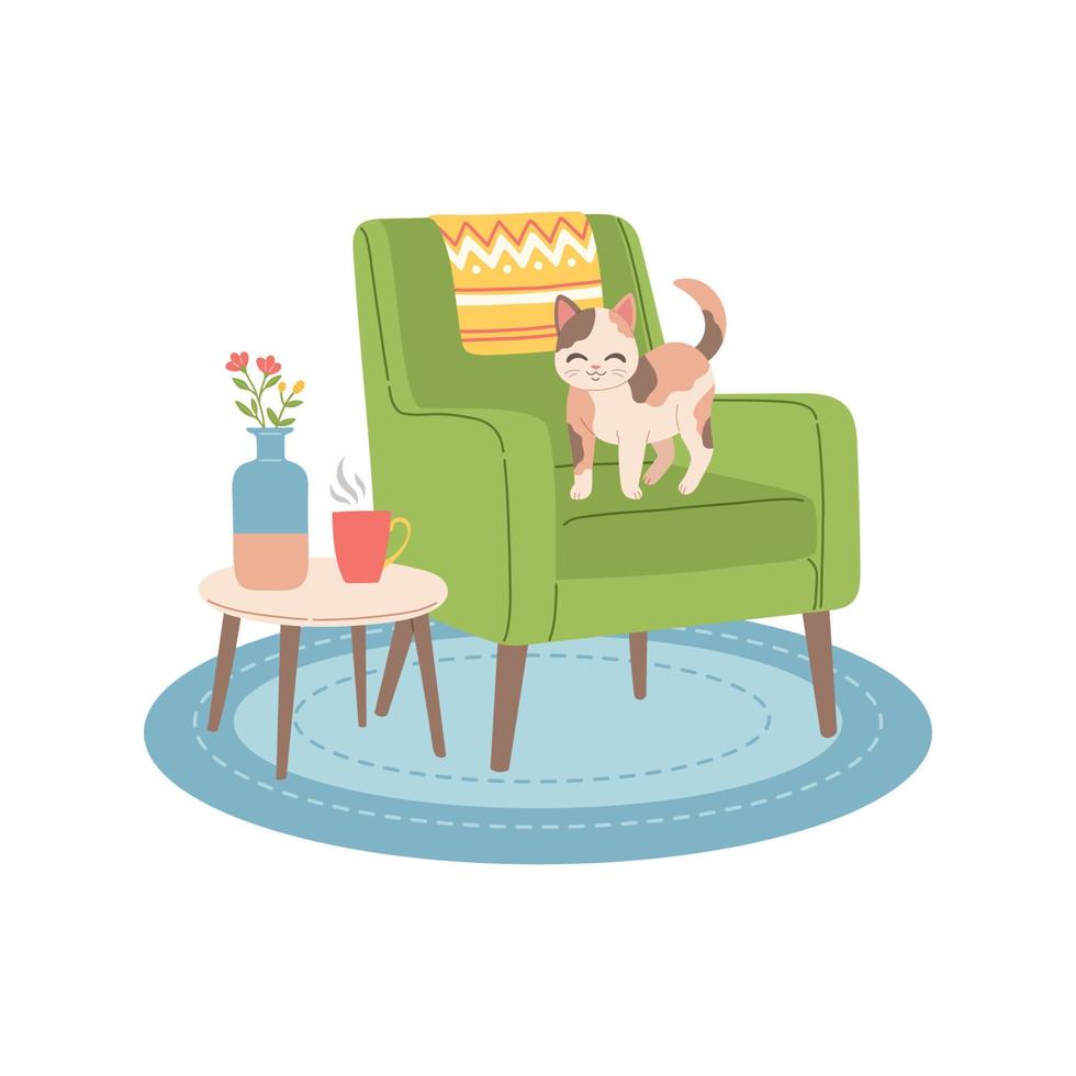 gato en silla moderna diseño plano ilustración vectorial vector