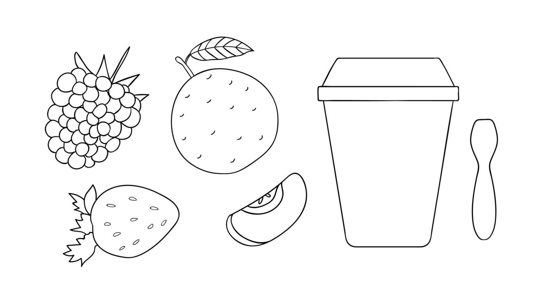 icono de paquete de yogur de línea vectorial con frutas y bayas. producto lácteo fresco orgánico dibujado a mano aislado sobre fondo blanco. ilustración de alimentos naturales. diseño de envases de yogur en blanco y negro. vector