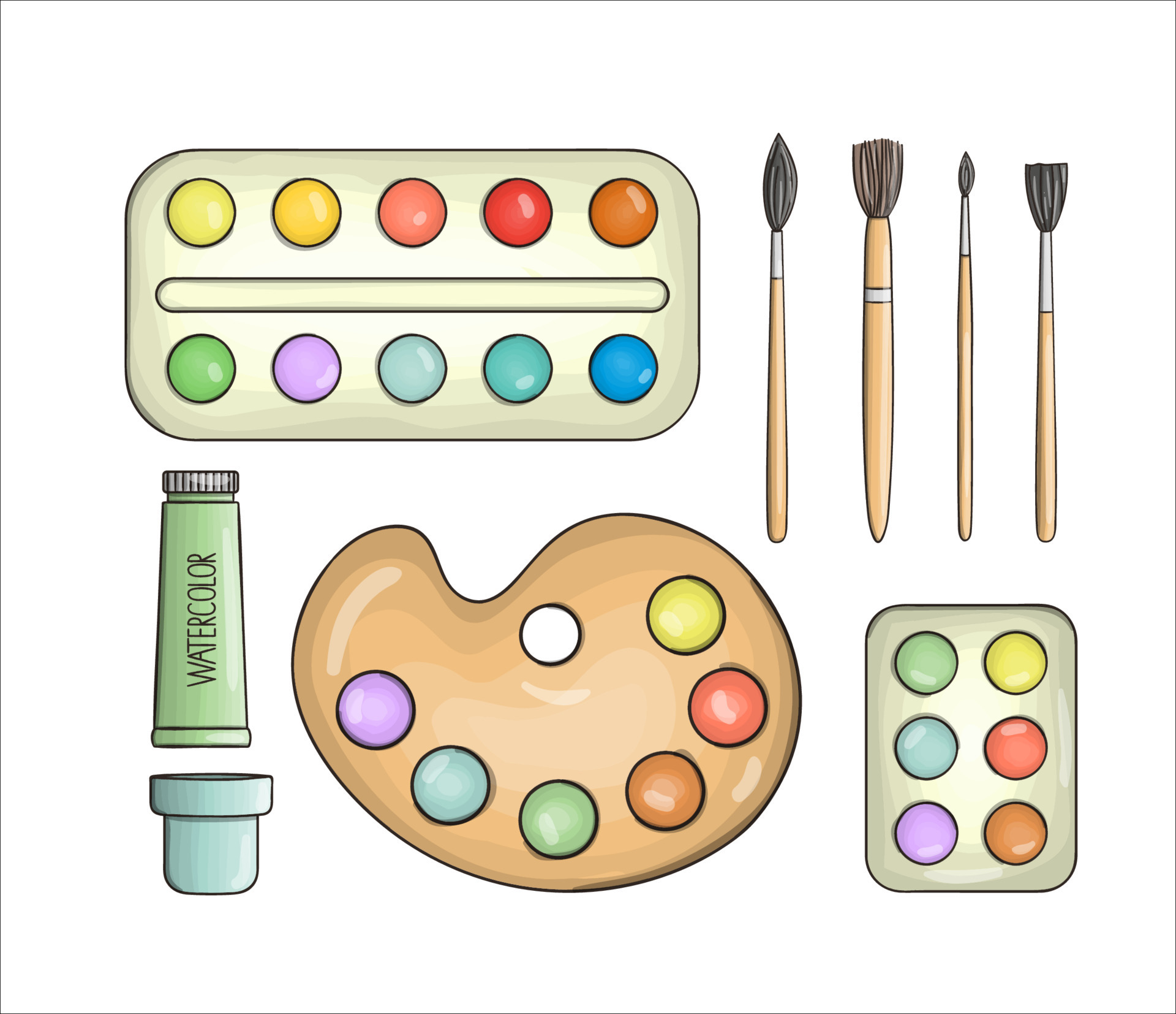 Set of paint and brush icons. Vector colored stationery, drawing