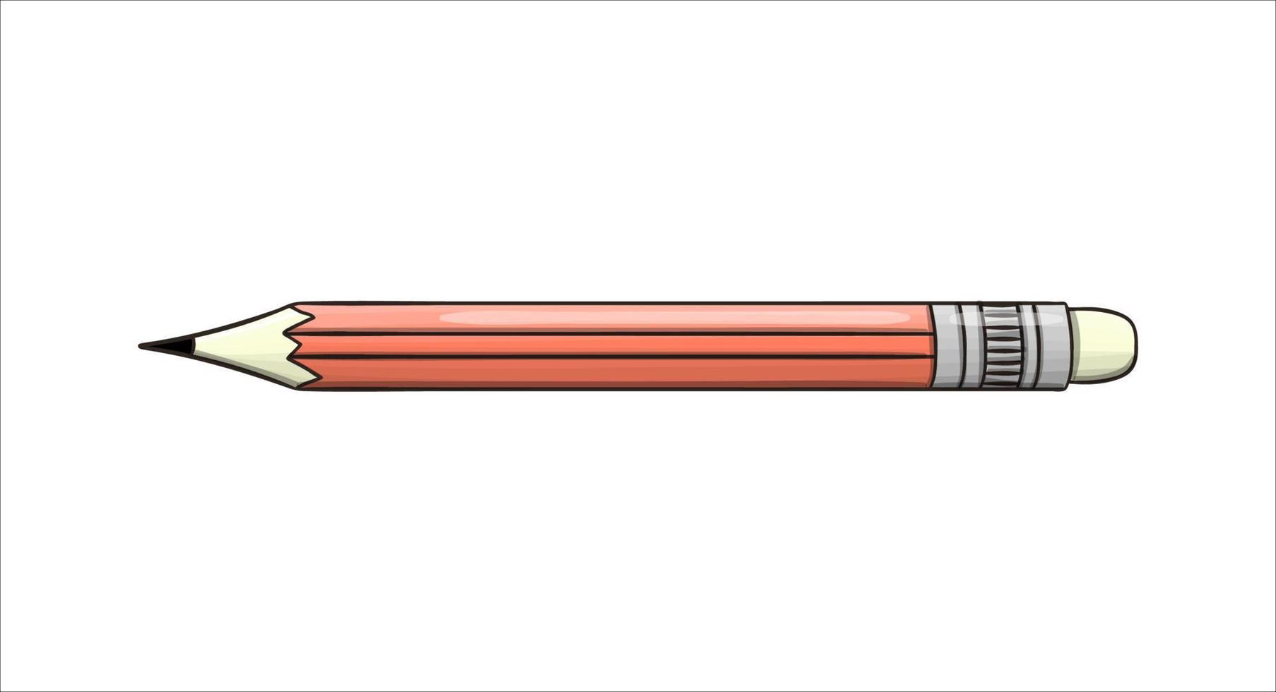 Pencil icon with eraser. Vector colored stationery, writing materials, office or school supplies isolated on white background. Cartoon style