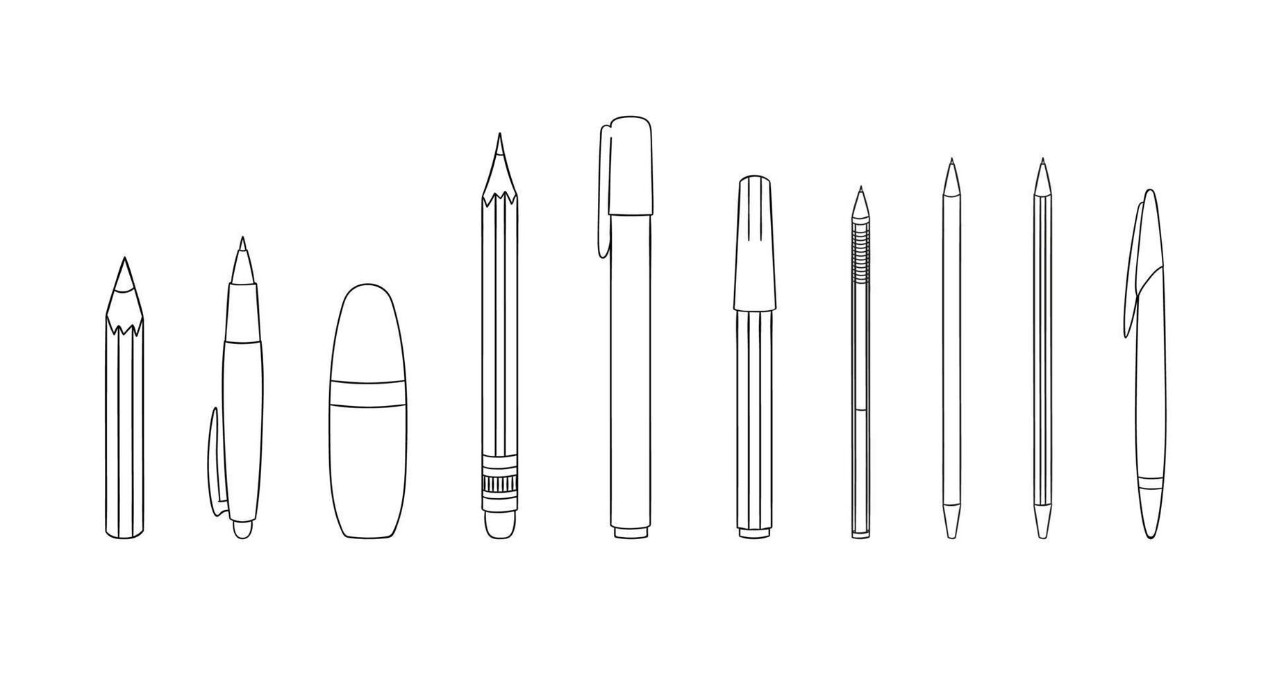 Set of pen and pencil line icons. Vector colored stationery, writing materials, office or school supplies isolated on white background. Cartoon style
