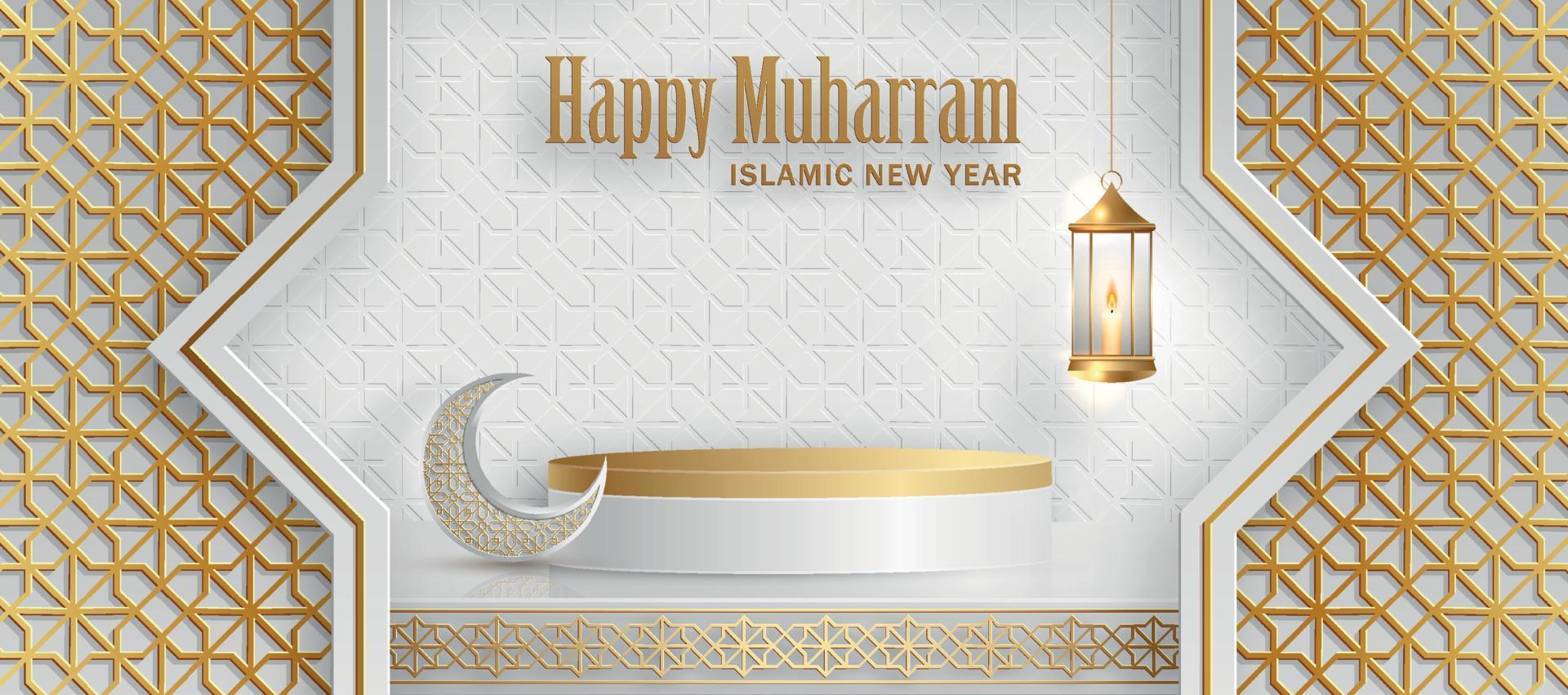 Happy Muharram, the Islamic New Year, new Hijri year design with gold pattern on paper color background vector