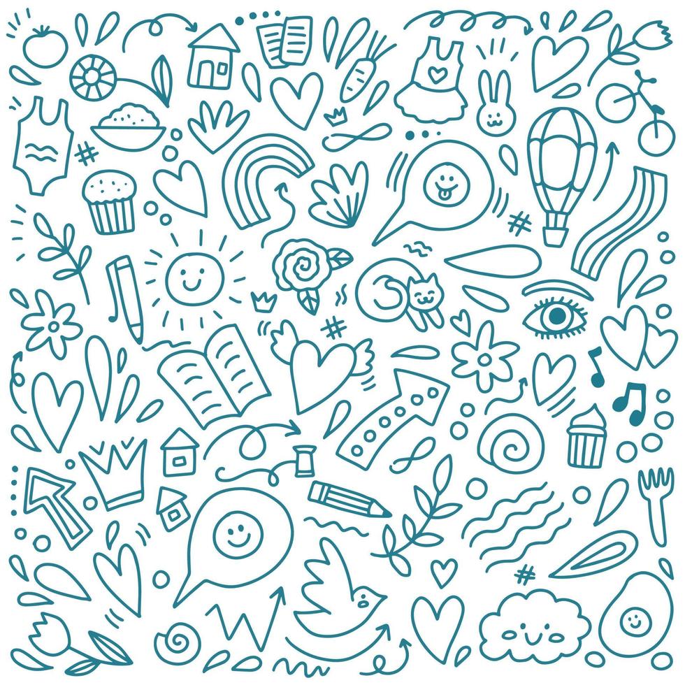 Doodle blue different objects cute set vector illustration