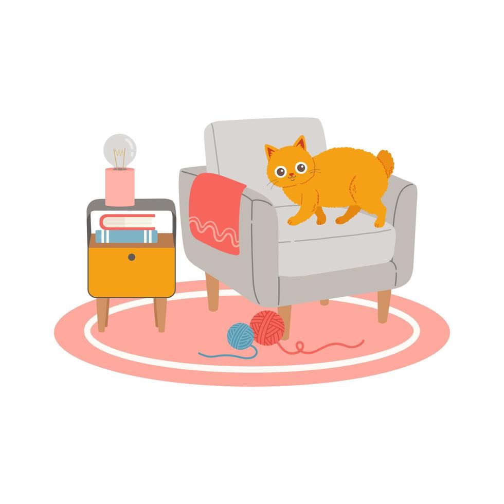 Cat on modern chair flat design vector illustration