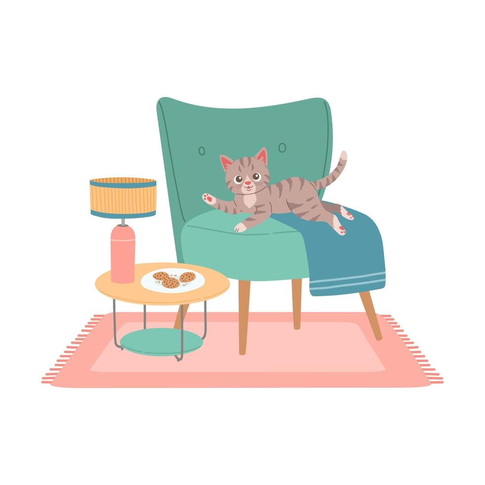 gato en silla moderna diseño plano ilustración vectorial vector