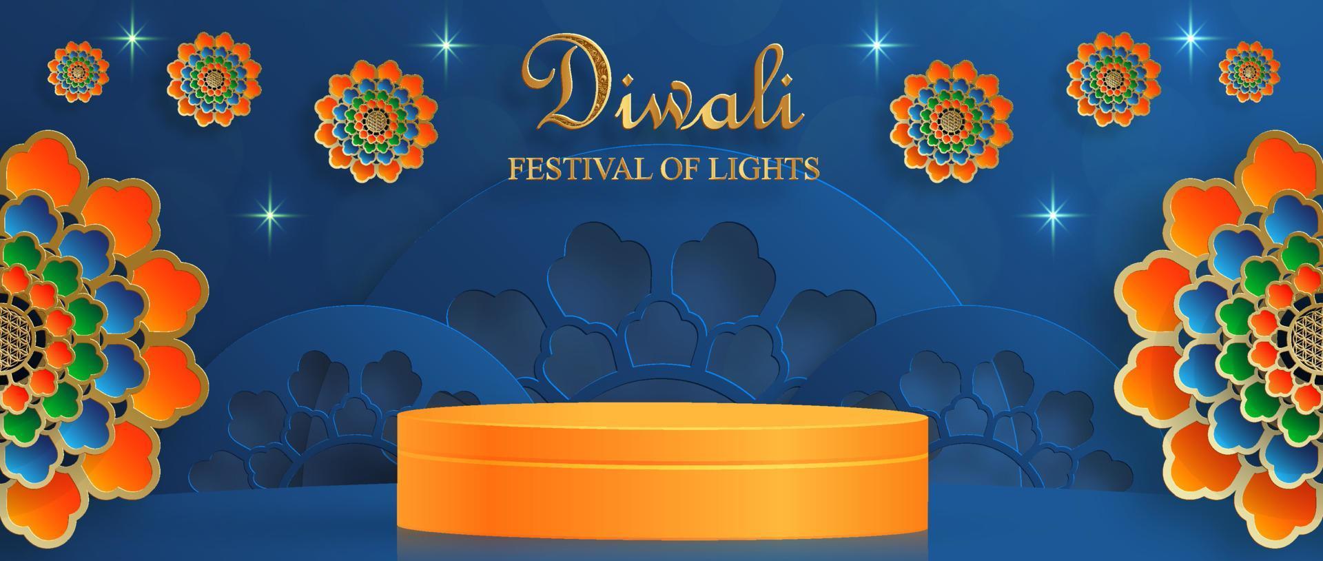 Estilo de escenario redondo de podio 3d, para diwali, deepavali o dipavali, el festival indio de luces con lámpara diya vector