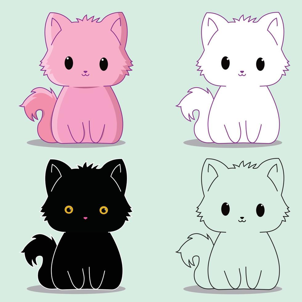 Cute cat sitting cartoon in pink white black and one with the outline for coloring vector