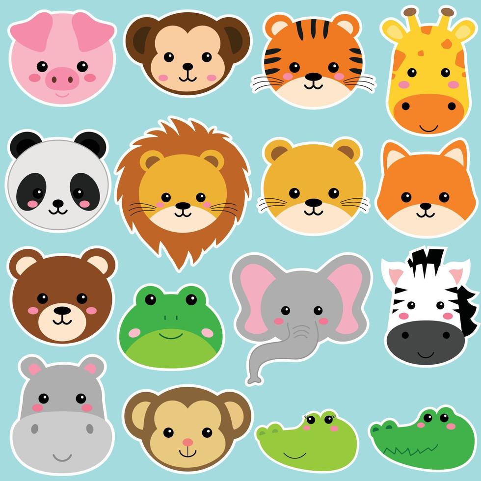 lindas cabezas de animales salvajes que incluyen león, tigre, cerdo, oso, leona, panda, mono, cebra y jirafa. caras de animales de la selva safari vector