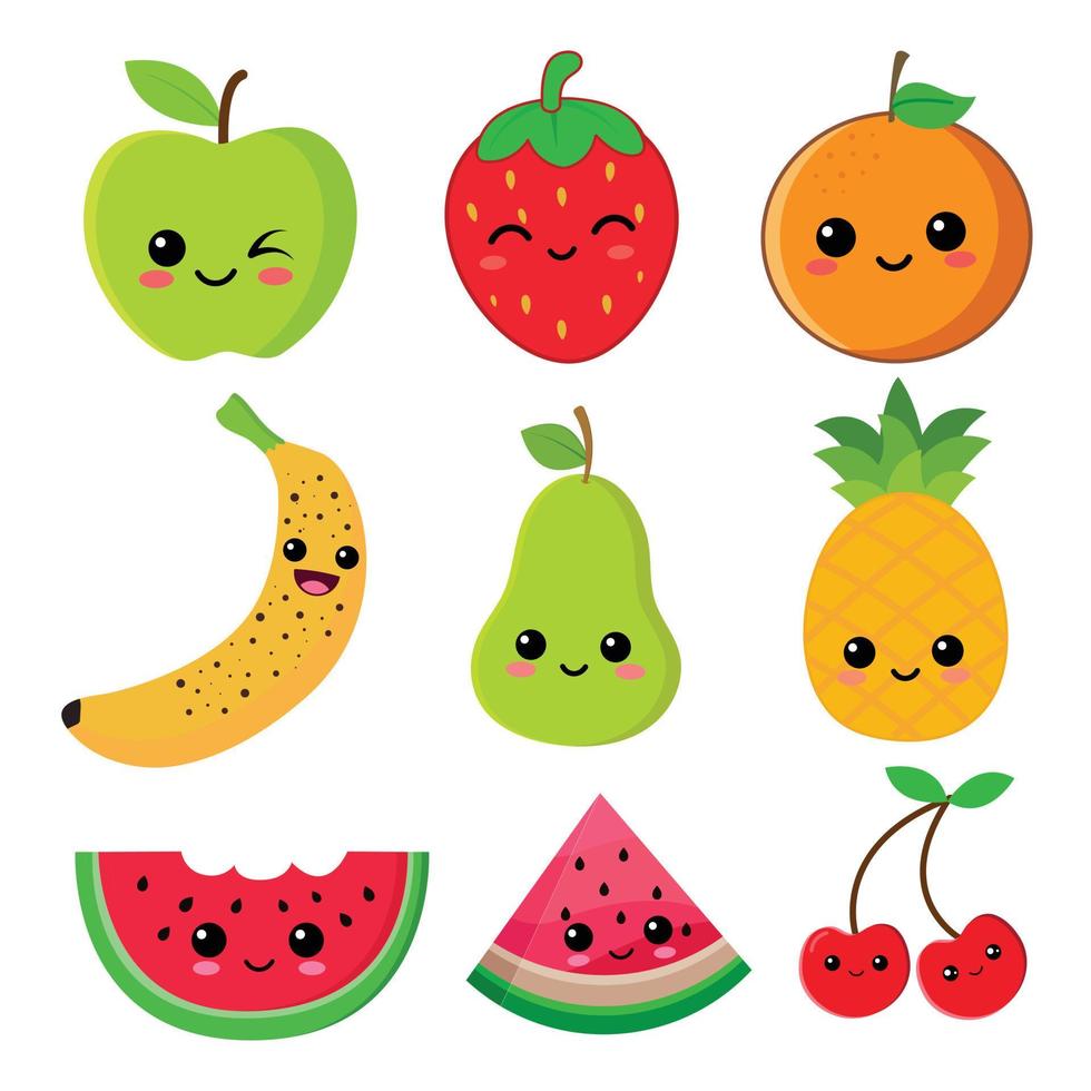 Cute fruits. happy cute set of smiling fruit faces. vector set of flat  cartoon illustration icons 8020231 Vector Art at Vecteezy