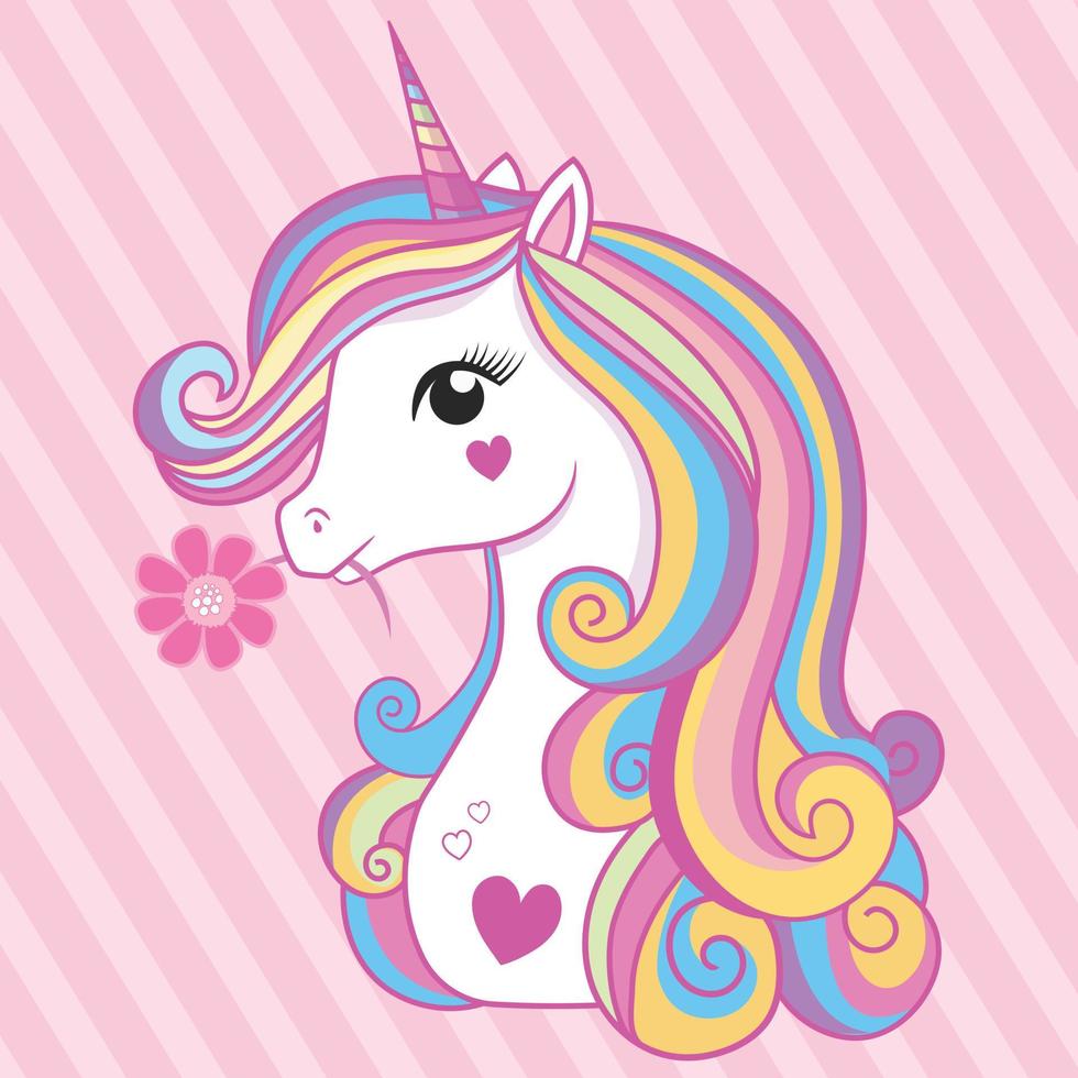 Cute unicorn head white Rainbow color. Unicorn white vector head with mane and horn on pink
