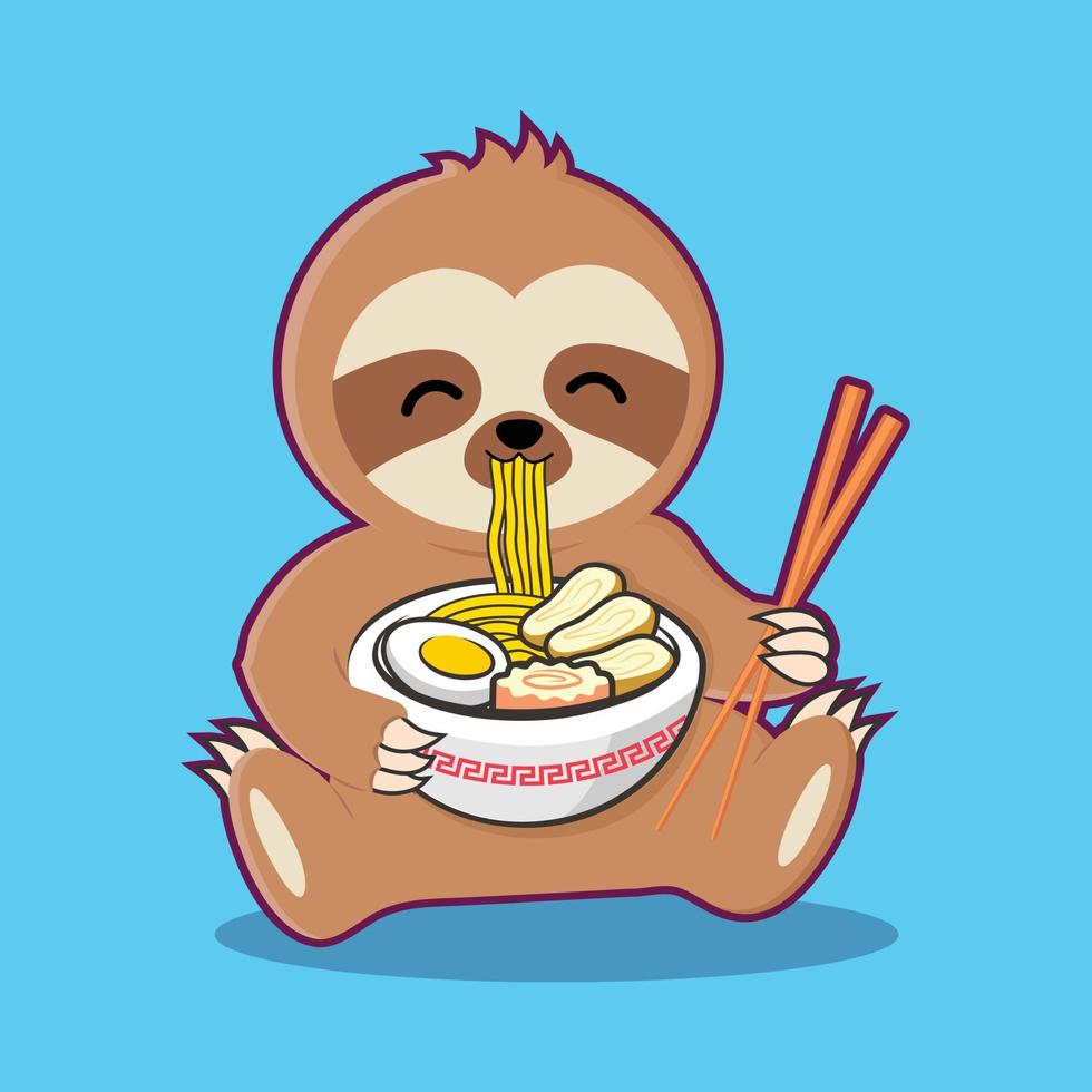 lindo perezoso comiendo fideos ramen en un tazón. vector