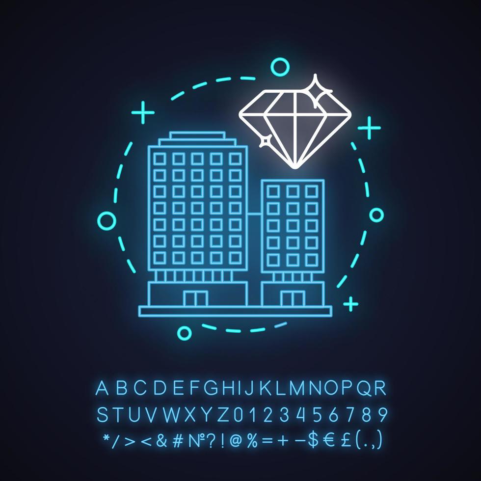 Multi-storey building neon light concept icon. Premium accommodation idea. Apartment house. Glowing sign with alphabet, numbers and symbols. Vector isolated illustration