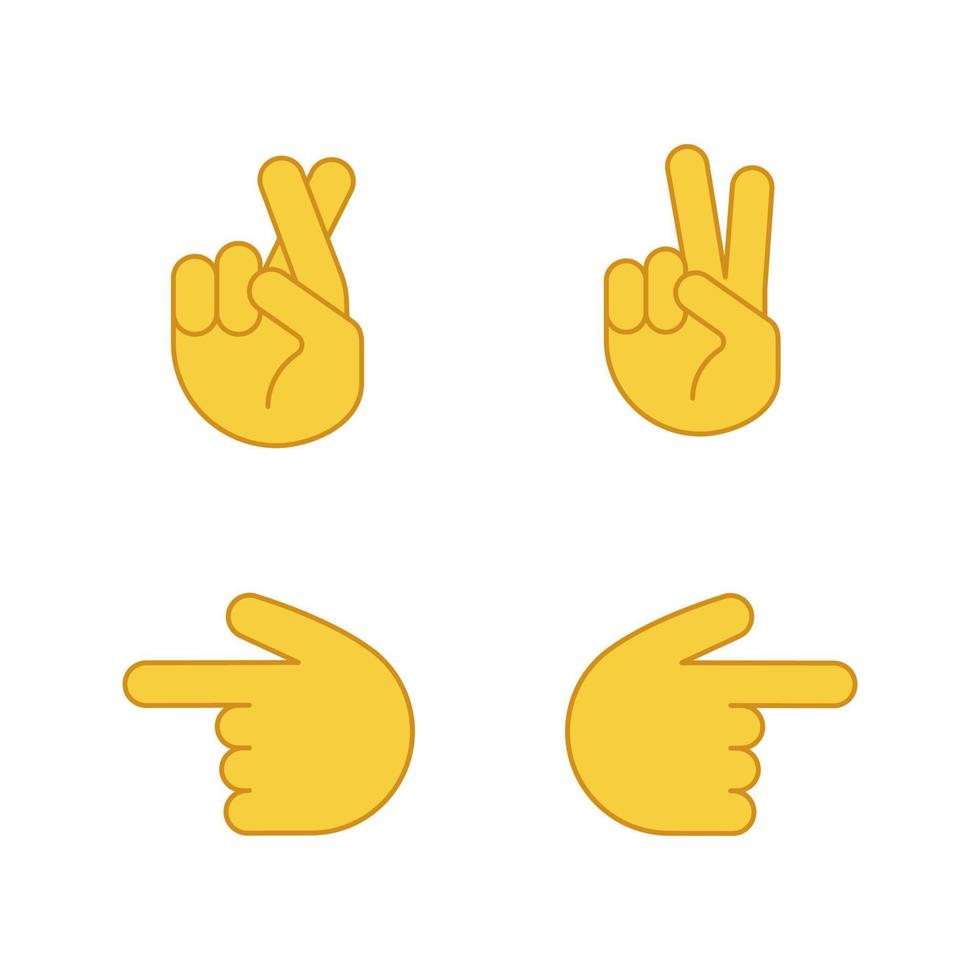 Hand gesture emojis color icons set. Luck, lie, victory, peace gesturing. Backhand index pointing left and right. Isolated vector illustrations