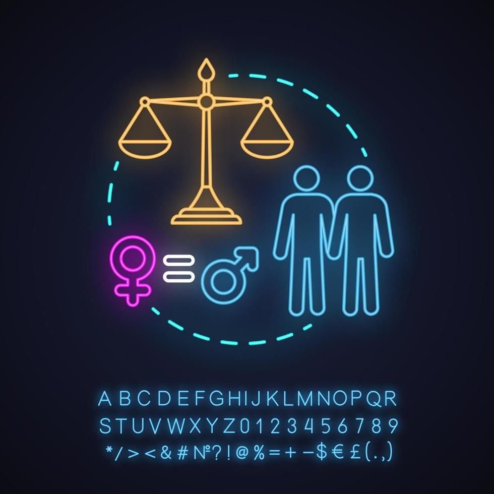 Equal treatment neon light concept icon. Employee rights protection idea. Sexual equality. Gender policy. Women empowerment. Glowing sign with alphabet, numbers, symbols. Vector isolated illustration