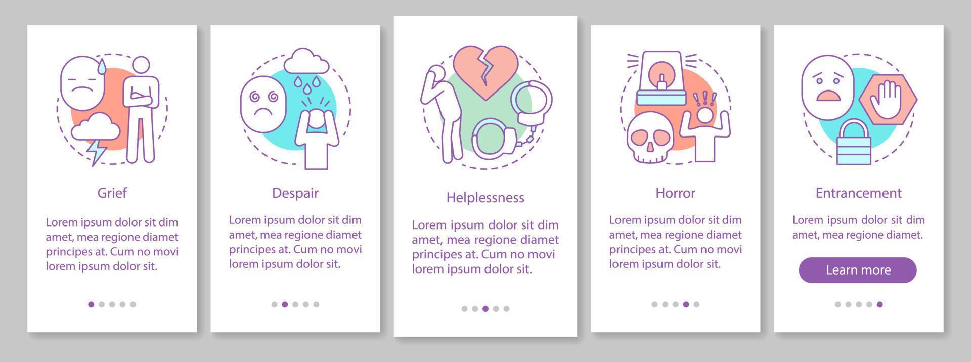 Depression onboarding mobile app page screen vector template. Sadness. Hopeless circumstances. Panic, bipolar disorder. Mental health. Walkthrough website steps. UX, UI, GUI smartphone interface