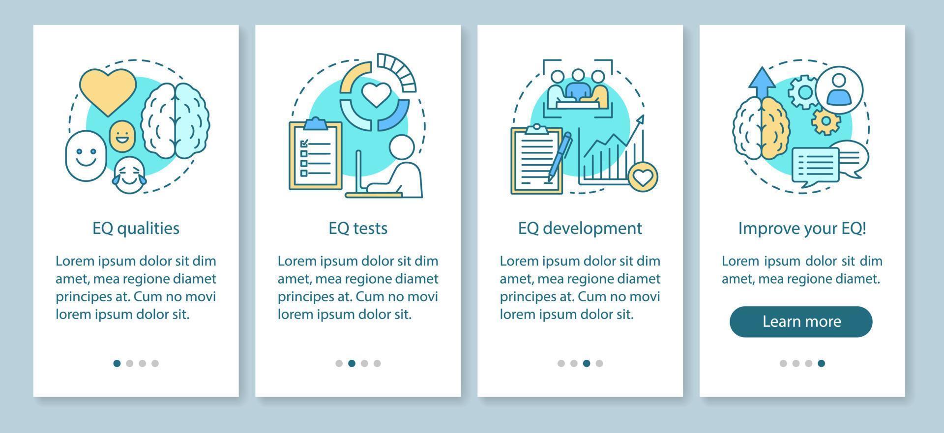 EQ qualities onboarding mobile app page screen vector template. Ability control feelings. Emotion management test. Brain development. Walkthrough website steps. UX, UI, GUI smartphone interface