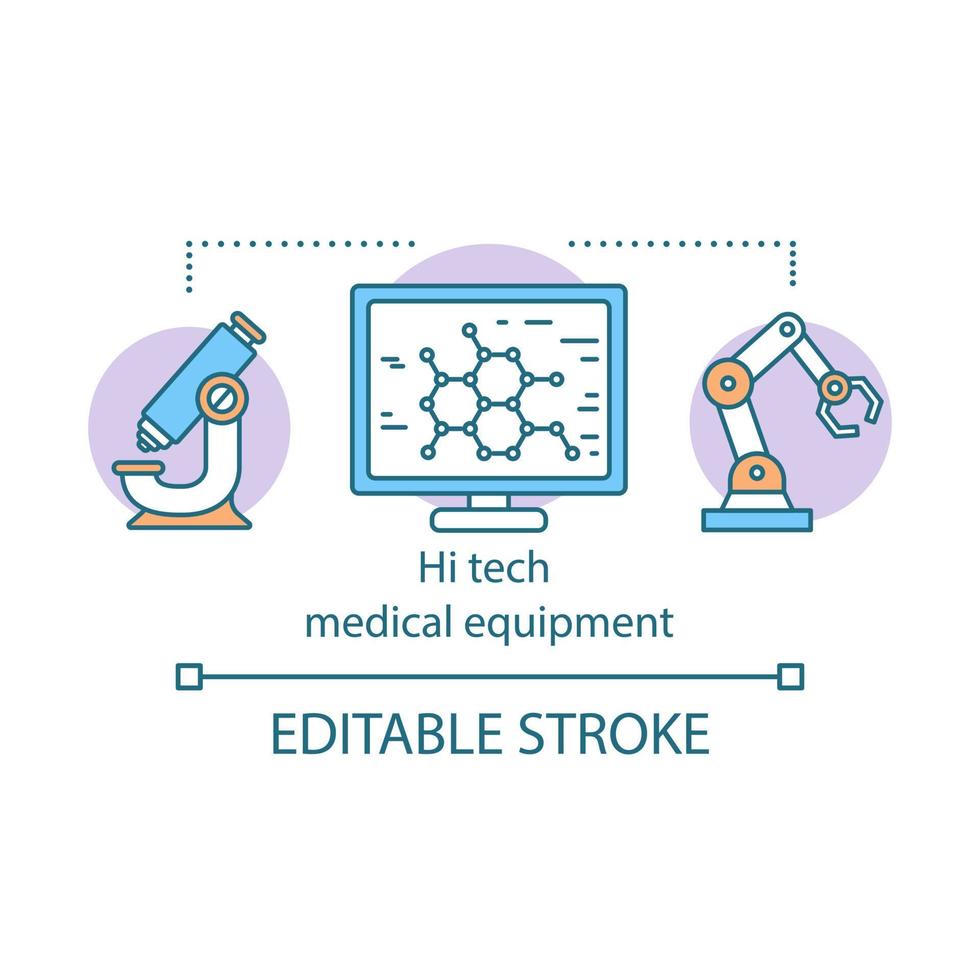 Hi tech medical equipment concept icon. Nanotechnology and robotization. Progressive diagnosis and treatment procedures idea thin line illustration. Vector isolated outline drawing. Editable stroke