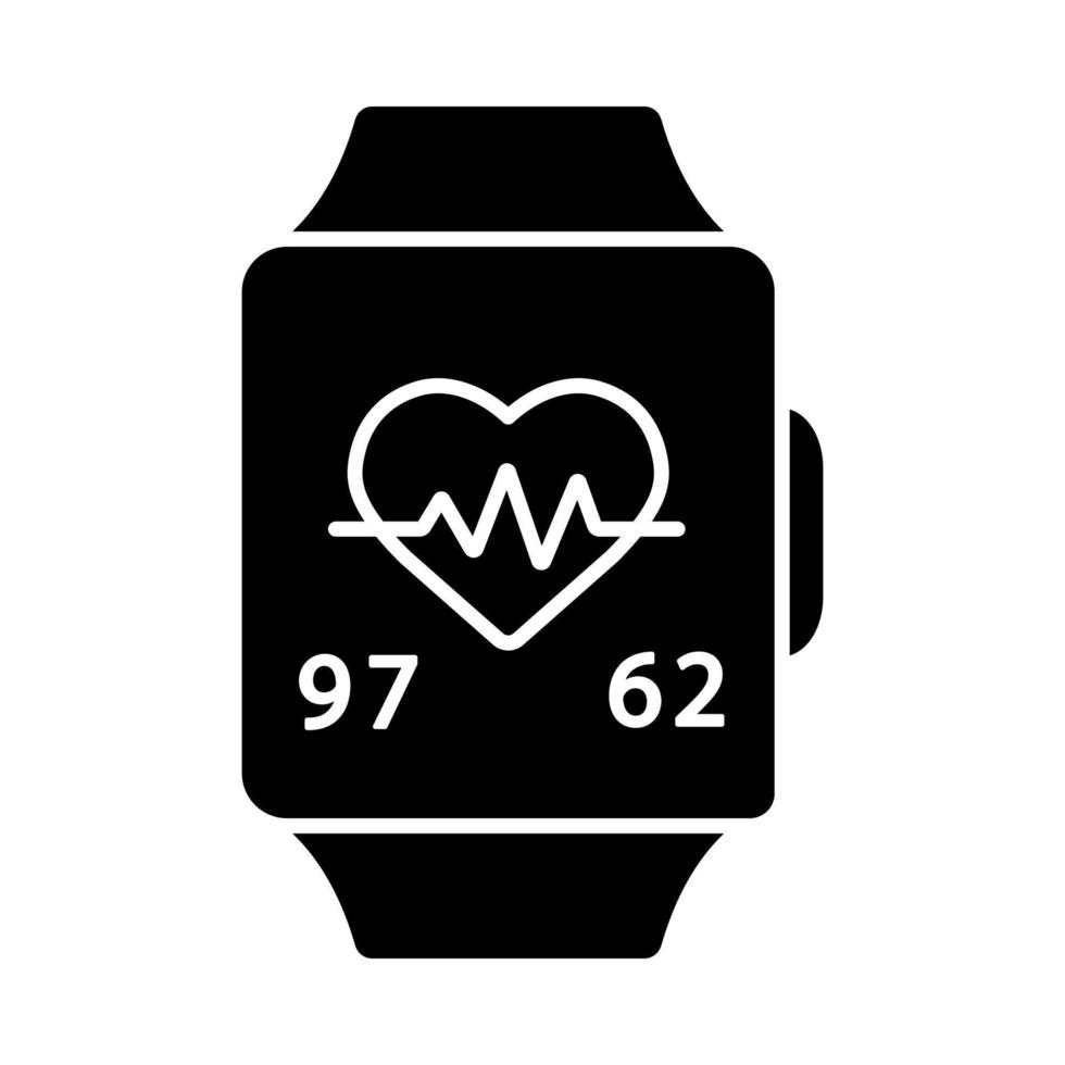 Fitness bracelet glyph icon. Pedometer with cardio activity indicator. Heart rate and pulse meter. Heartbeat cardio tracker. Smart band. Silhouette symbol. Negative space. Vector isolated illustration
