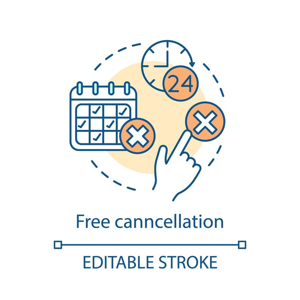 Free cancellation concept icon. Hotel booking online. Deposit back refund. Rejection, delete button. Yes and no click. Cancel reservation idea. Vector isolated outline drawing. Editable stroke