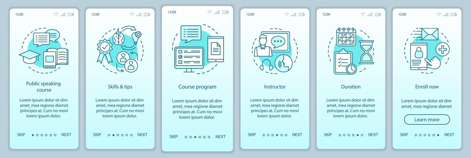 plantilla de vector de pantalla de página de aplicación móvil de incorporación de curso de habilidades para hablar en público. escuela de locutores profesionales. paso a paso del sitio web con iconos lineales. ux, ui, concepto de interfaz de teléfono inteligente gui