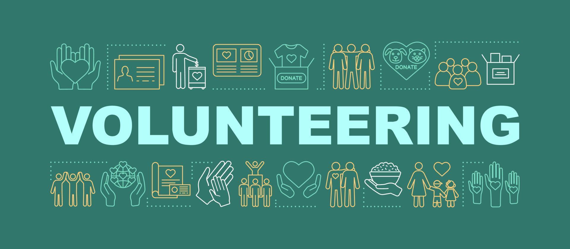Volunteering word concepts banner. Charitable foundation. Nonprofit organization. Charity, donation. Presentation, website. Isolated lettering typography idea with icons. Vector outline illustration