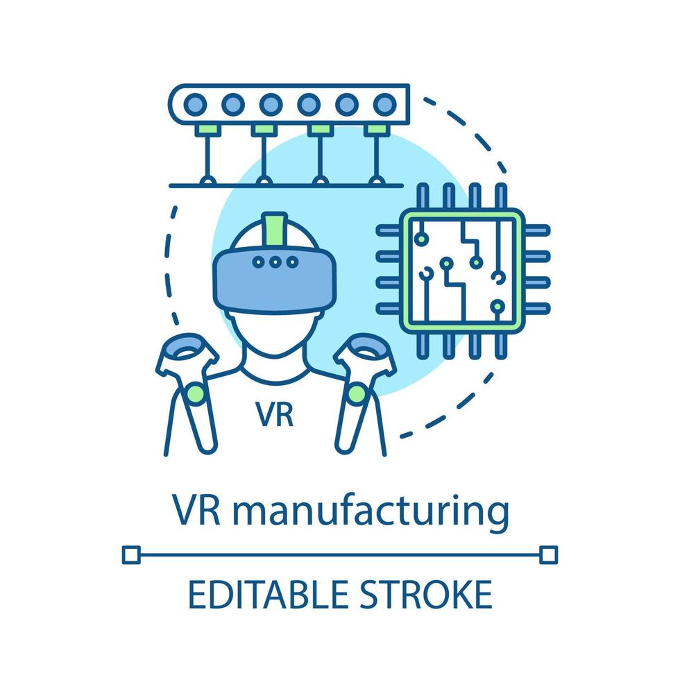 VR manufacturing concept icon. Smart industry. Virtual remote maintenance. Simulated environment in process. Cyber technology idea thin line icons. Vector isolated outline drawing. Editable stroke