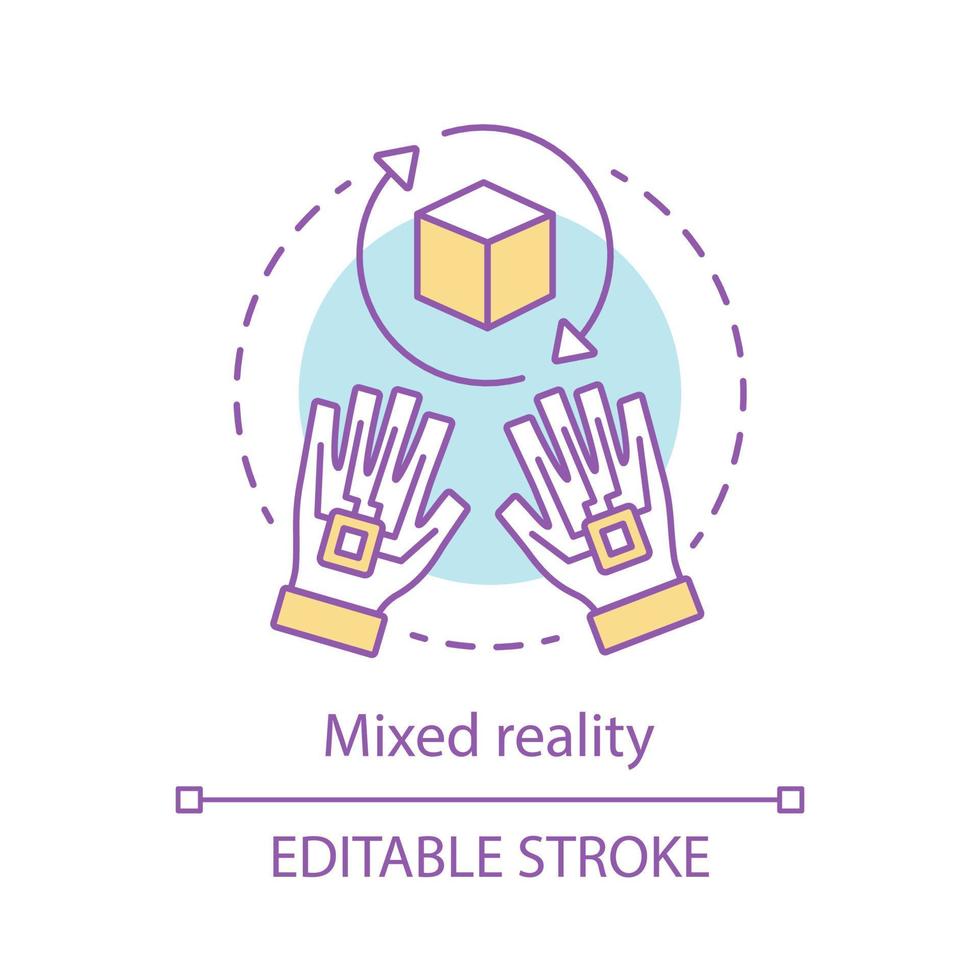 Mixed reality concept icon. Haptic gloves. Augmented, extended reality possibilities idea thin line illustration. Vector isolated outline drawing. Editable stroke