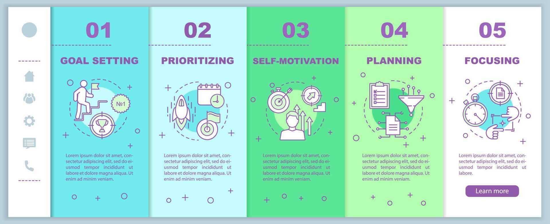 HR skills onboarding mobile web pages vector template. Employee qualities. Goal setting, planning. Responsive smartphone website interface. Webpage walkthrough step screens. Color concept