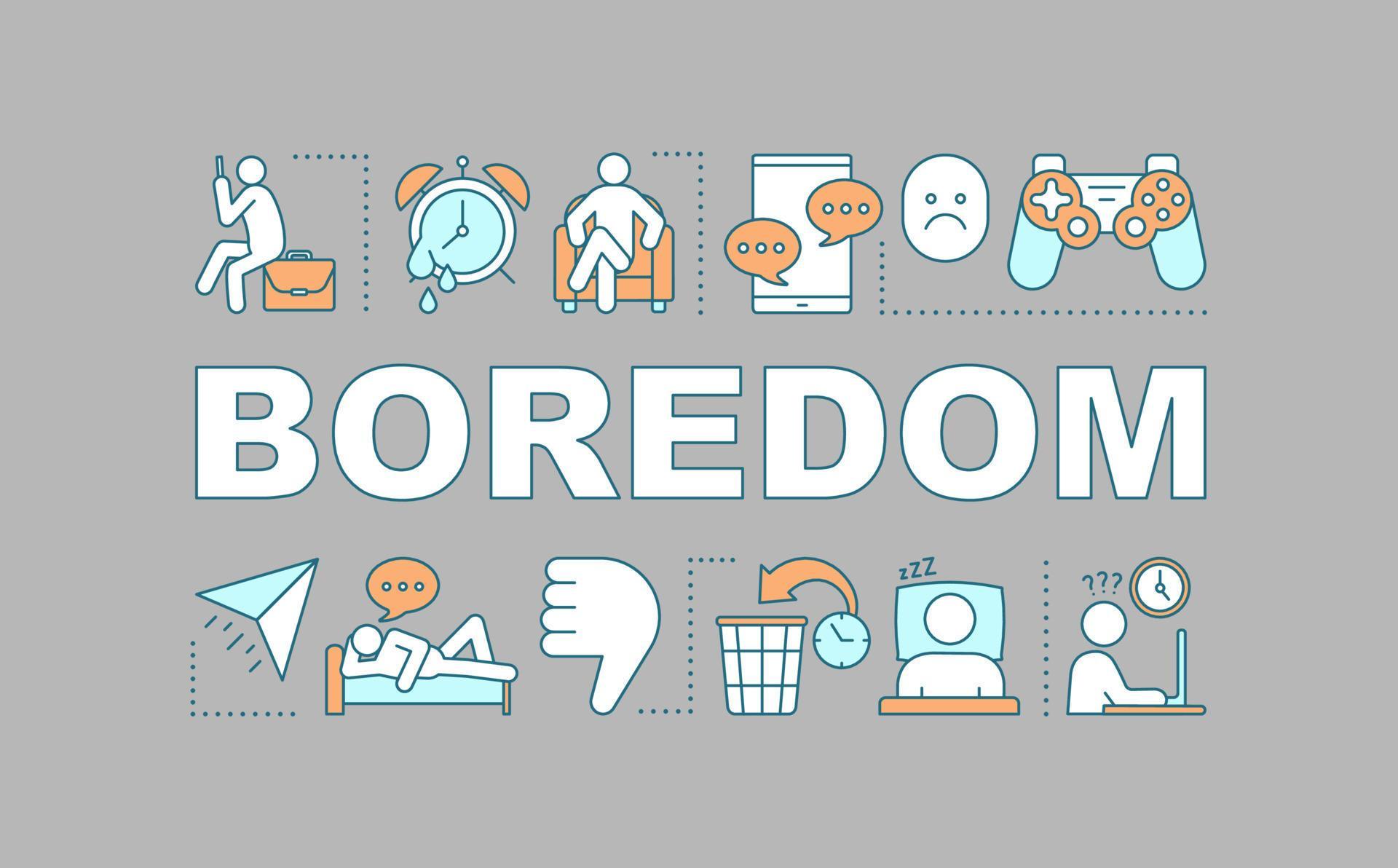 Boredom word concepts banner. Wasting of time. Apathy. Sad person
