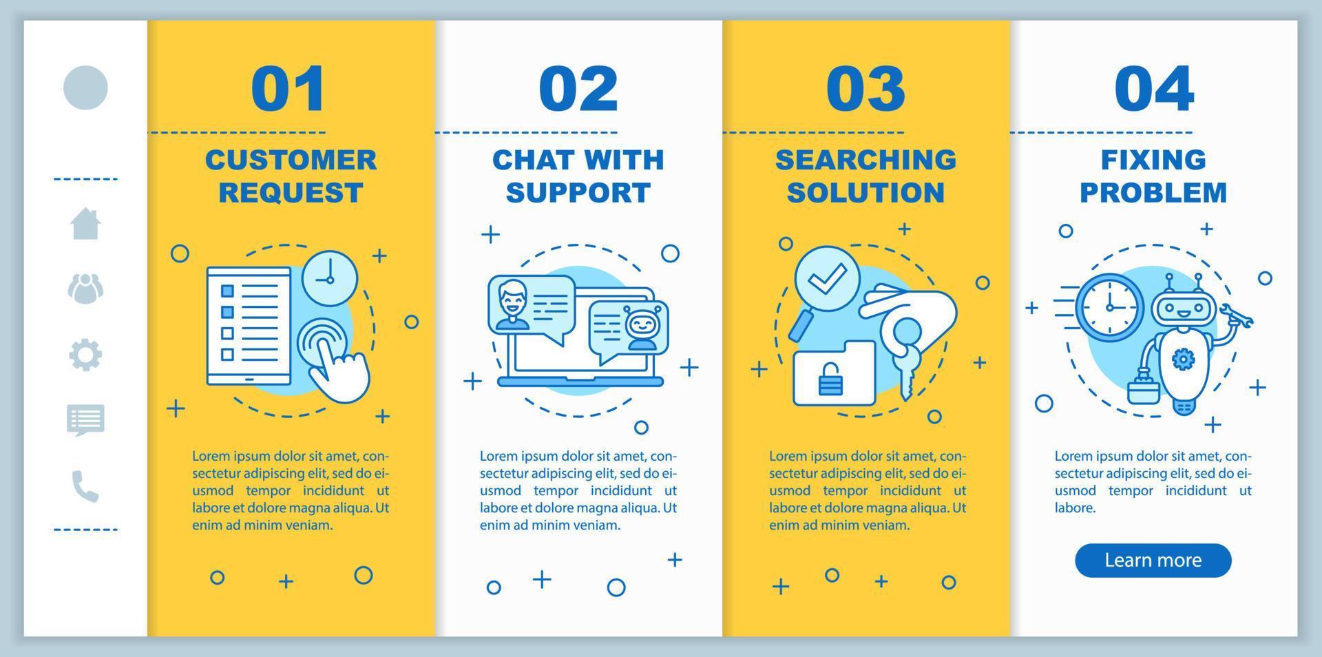 Technical support onboarding mobile web pages vector template. Service center. Customer assistance. Responsive smartphone website interface. Webpage walkthrough step screens. Color concept