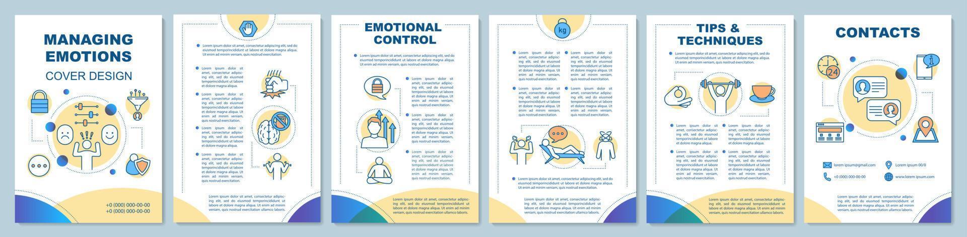 Managing feelings brochure template layout. Emotion control. Mental disorder. Flyer, leaflet print design, illustrations. Vector page layouts for magazines, annual reports, advertising posters