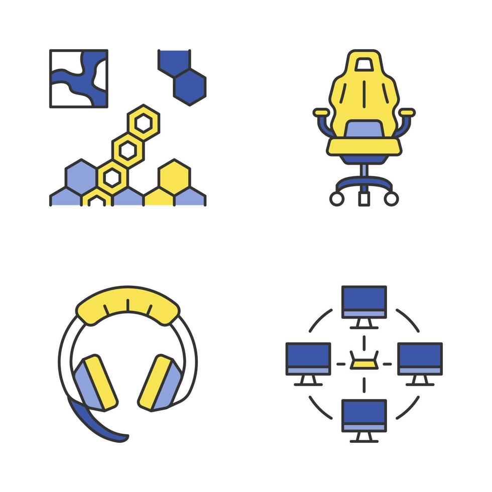 Esports color icons set. Real-time strategy game. Local area network. Gaming devices. Isolated vector illustrations