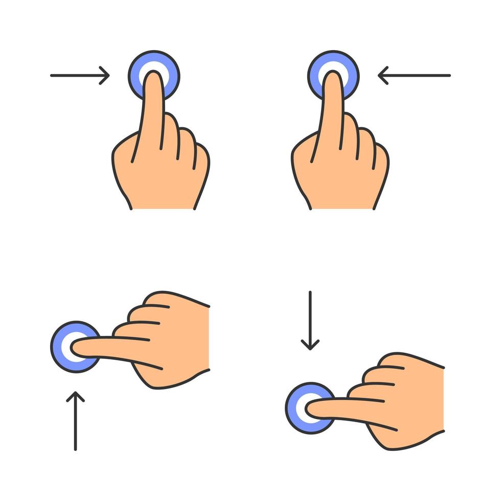 Touchscreen gestures color icons set. Horizontal scroll left, horizontal scroll right gesturing. Vertical scroll up and vertical scroll down. Human fingers. Isolated vector illustrations