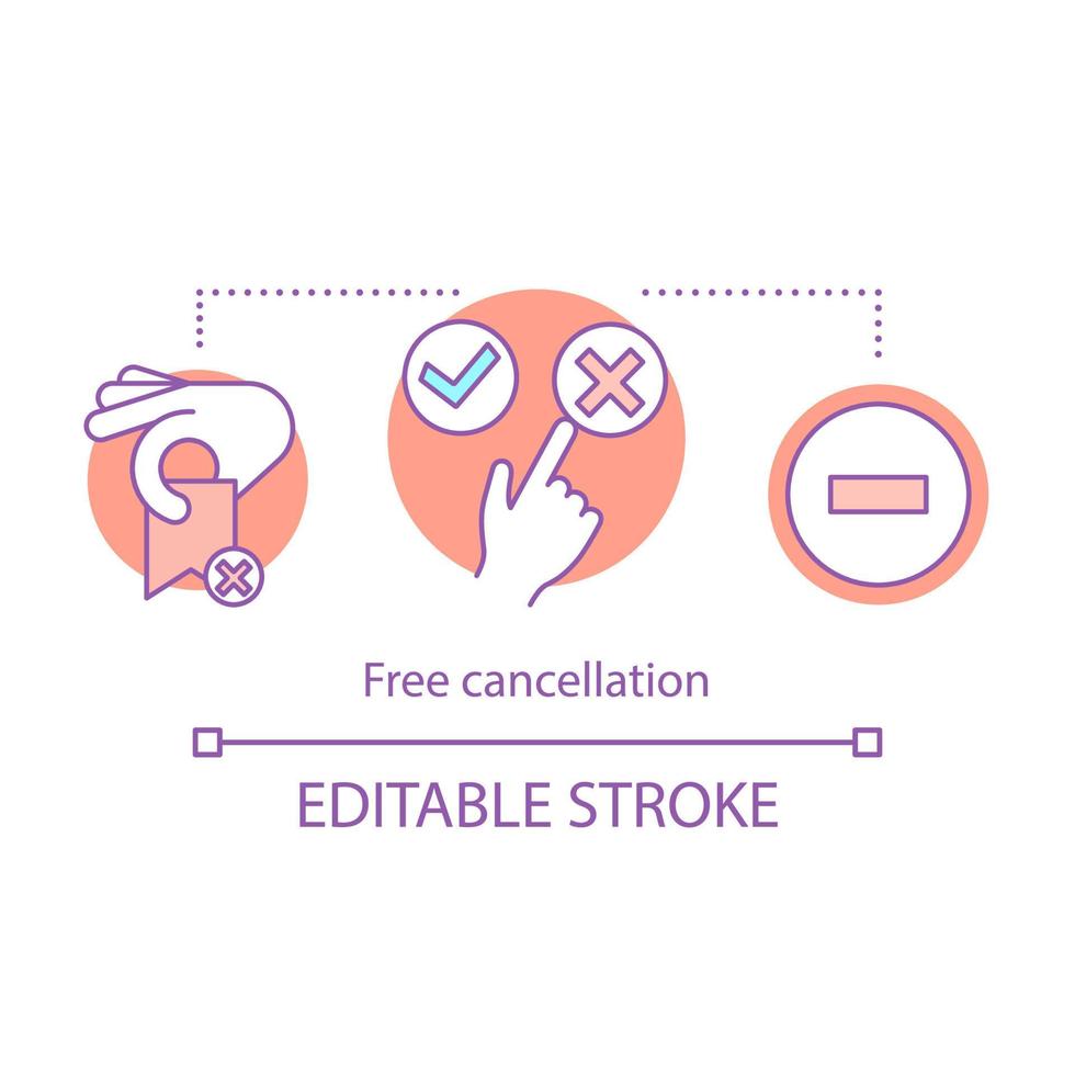Free cancellation concept icon. Hotel booking online. Deposit back refund. Rejection, delete button. Yes and no click. Cancel reservation idea thin line illustration. Vector isolated outline drawing